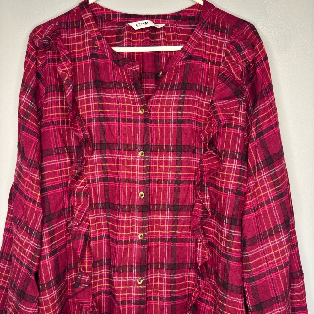 Sonoma Pink Plaid Ruffled Button Down Shirt Size 2XL